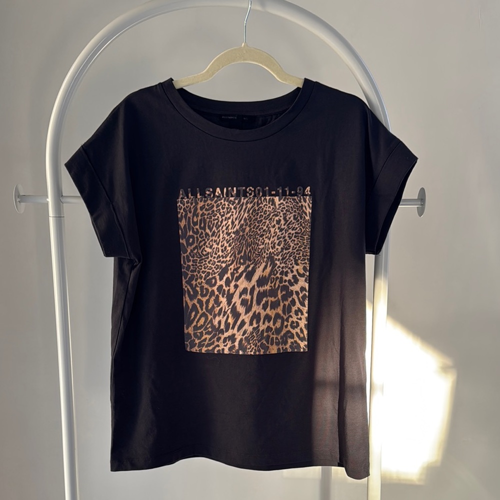 All Saints Black Leopard Print T-Shirt, M/L
